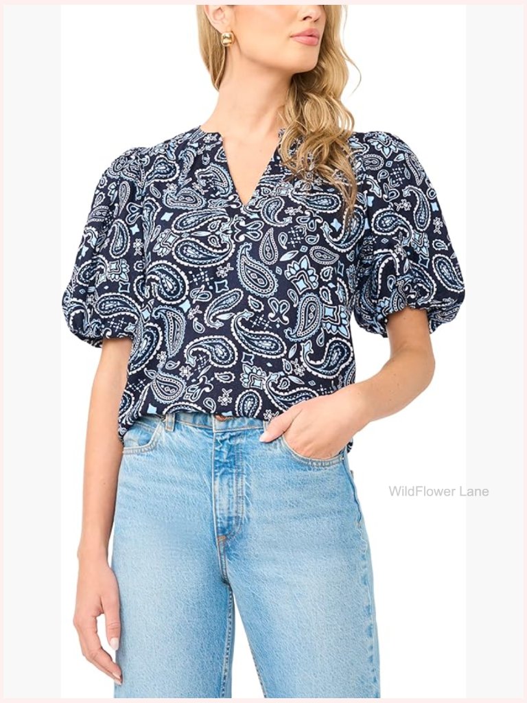 Organdy Short Puff Sleeve Top With V-Neck